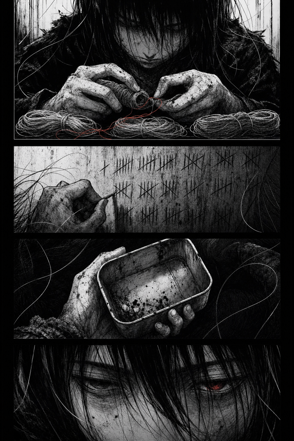 Manga page in stacked widescreen panels showing hands winding thread and tally marks scratched into a wall