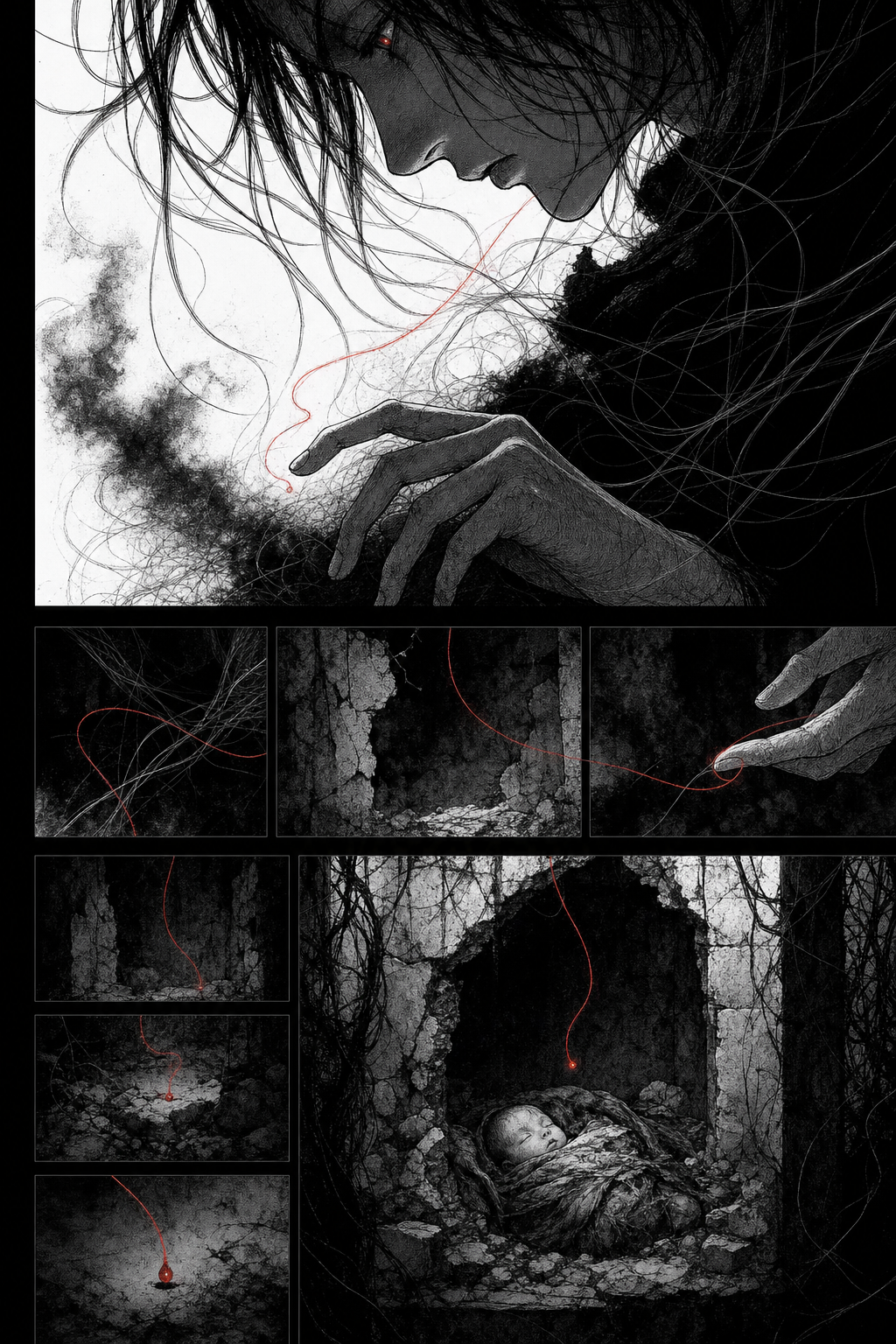 Manga page showing a figure reaching through smoke with a crimson thread running between panels